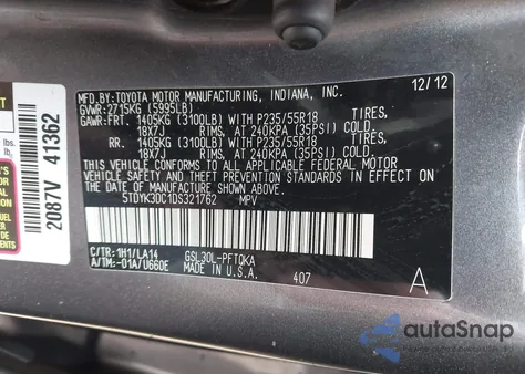 2013 Toyota Sienna Xle V6 7 Passenger Auto Access Seat/Xle V6 8 Passenger from USA, damaged, VIN 5TDYK3DC1DS321762